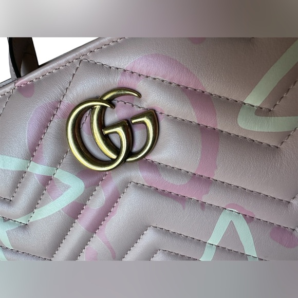 GUCCI Ghost Marmont GG Matelassé 2-way tote top handle bag pink graffiti chevron - Picture 4 of 14
